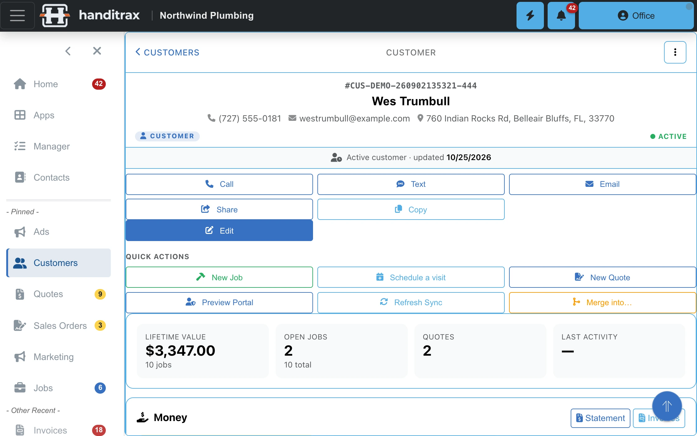 A customer record: contact details, lifetime value, open jobs and quick actions