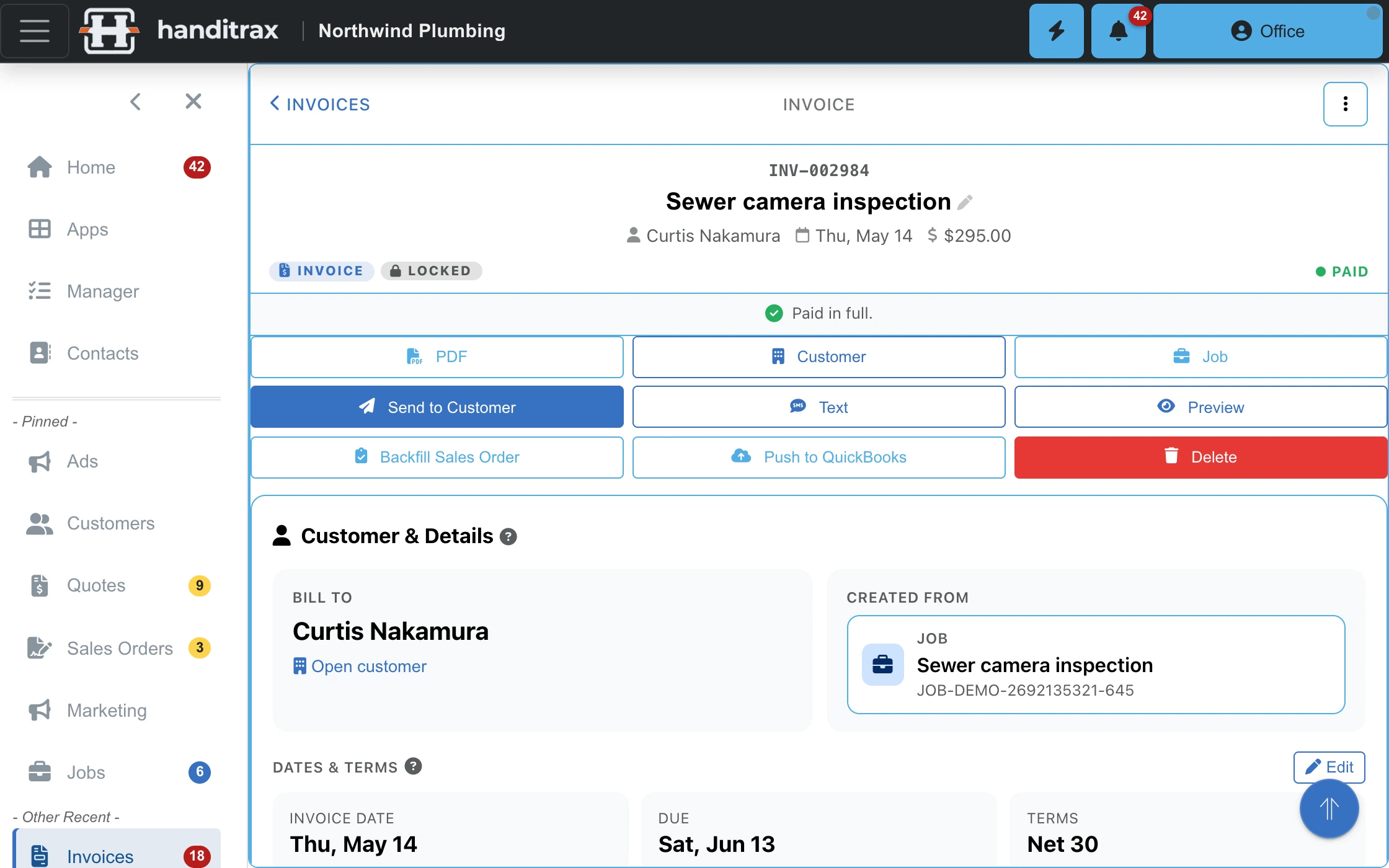 Invoices: drafts, sent, viewed and paid, with the bill-to and the job it came from
