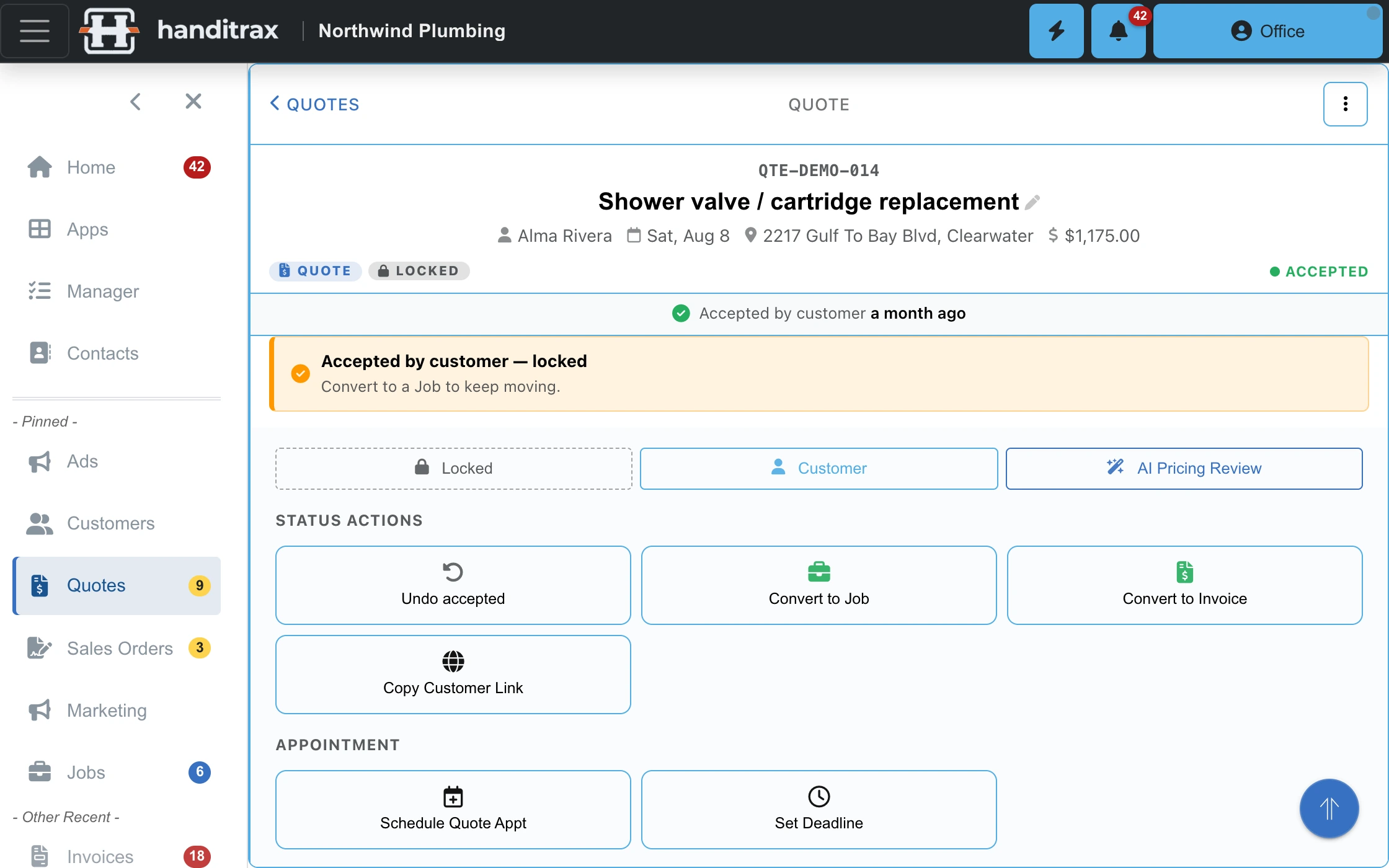 A quote the customer accepted: status actions to convert it to a job or an invoice