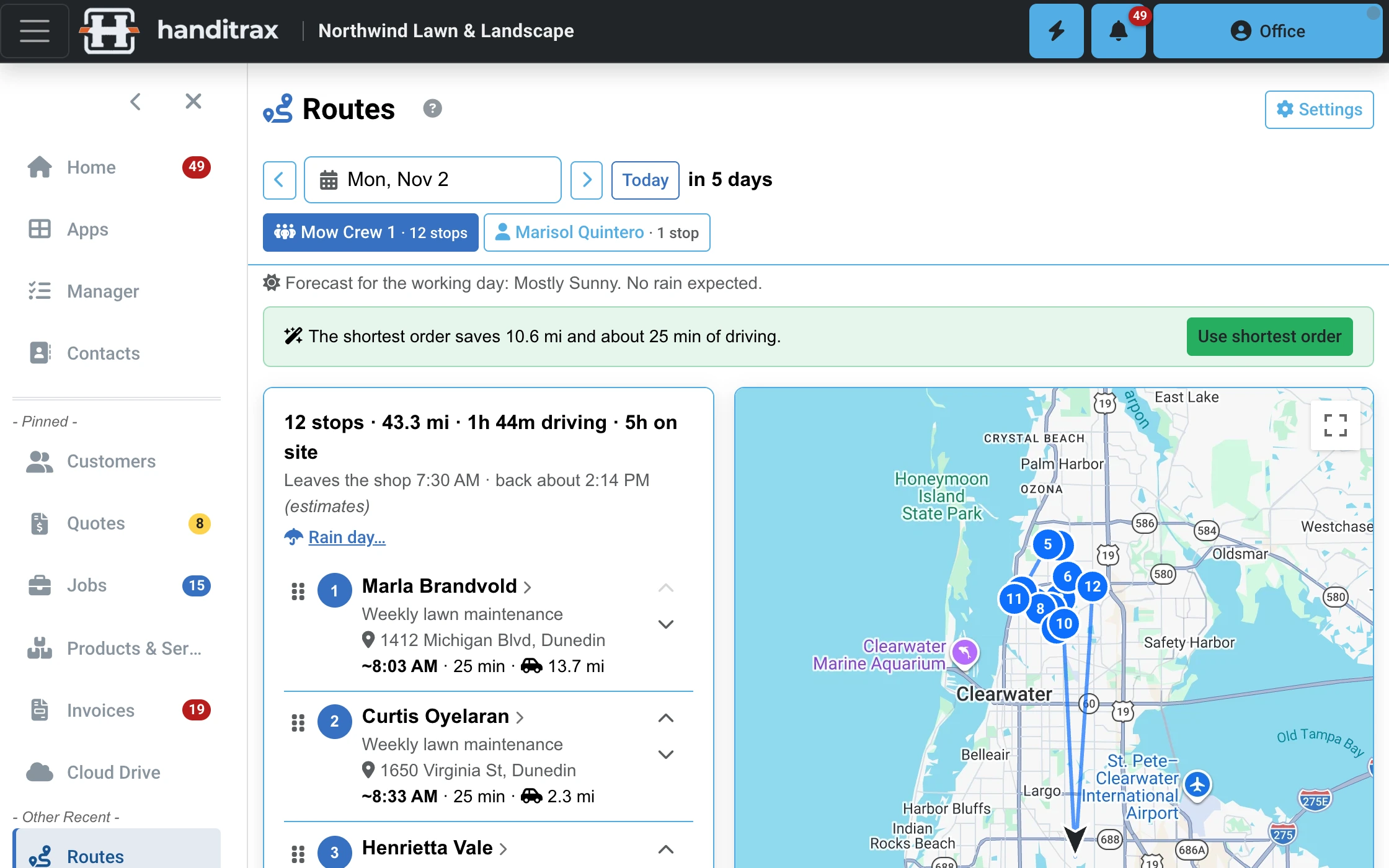 A lawn crew's route day: twelve stops in driving order on the map, with arrival estimates and total miles