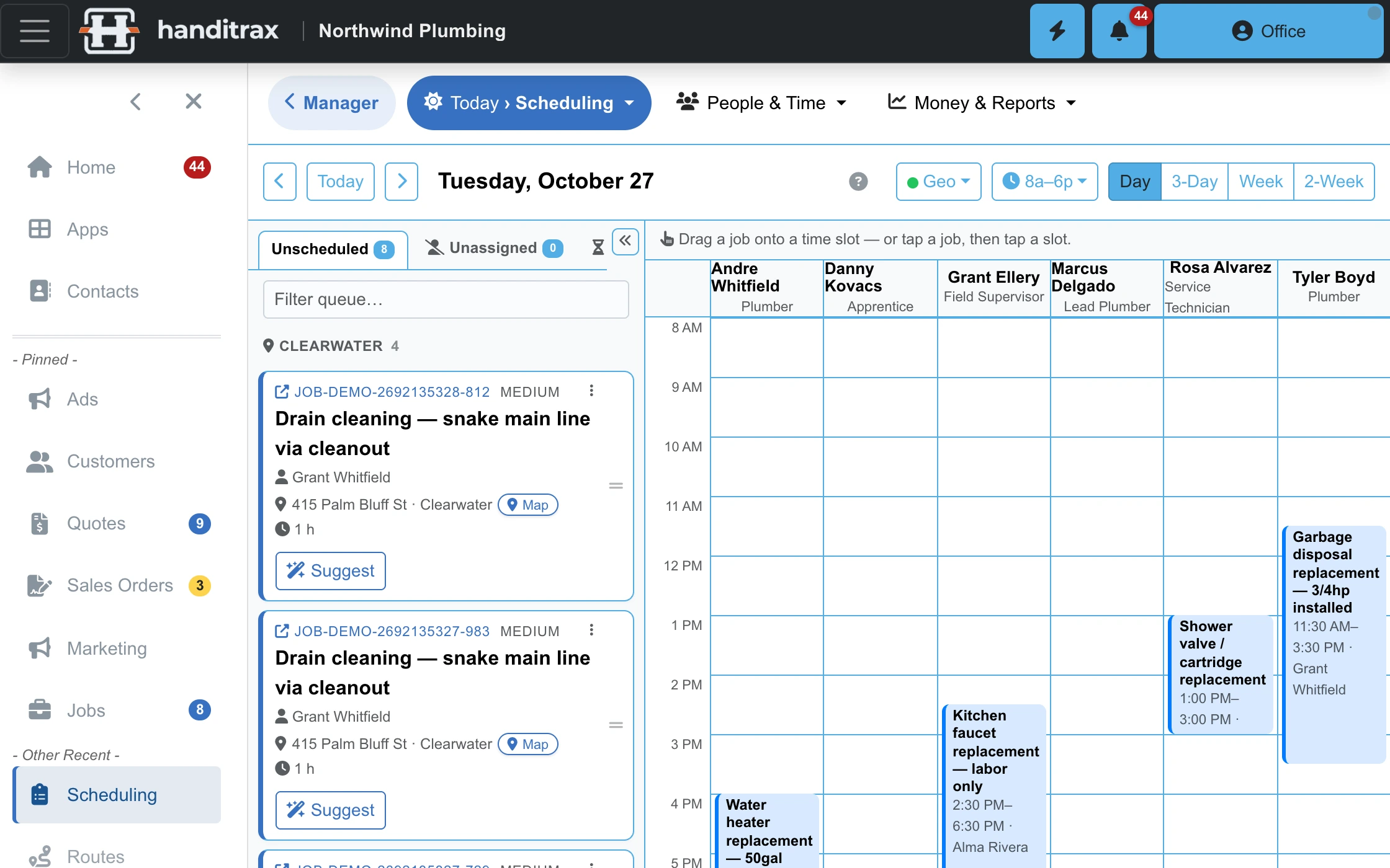 The schedule board: the day across the crew, a column per technician