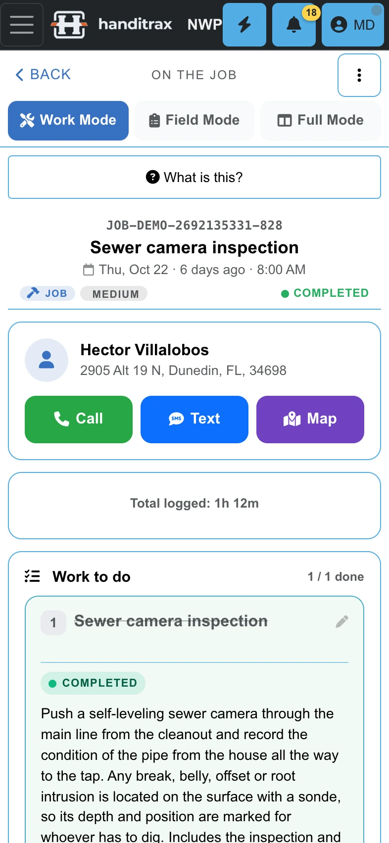 Work Mode on a technician's phone