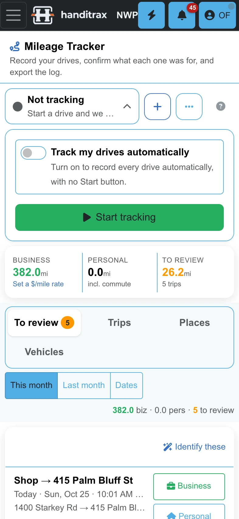 The mileage tracker on a phone