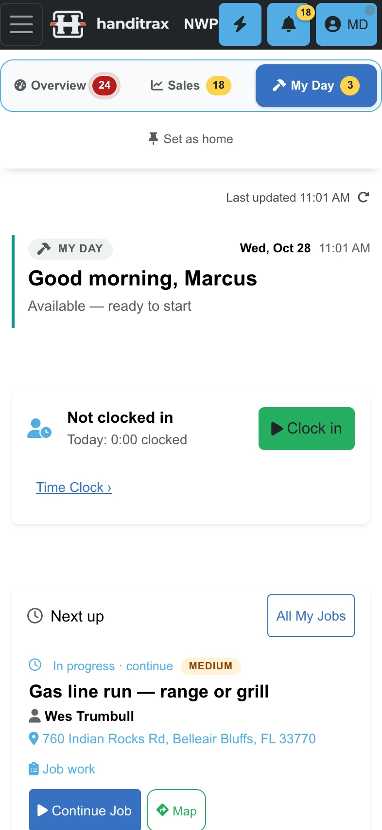 My Day on a technician's phone: clock in, then the next job