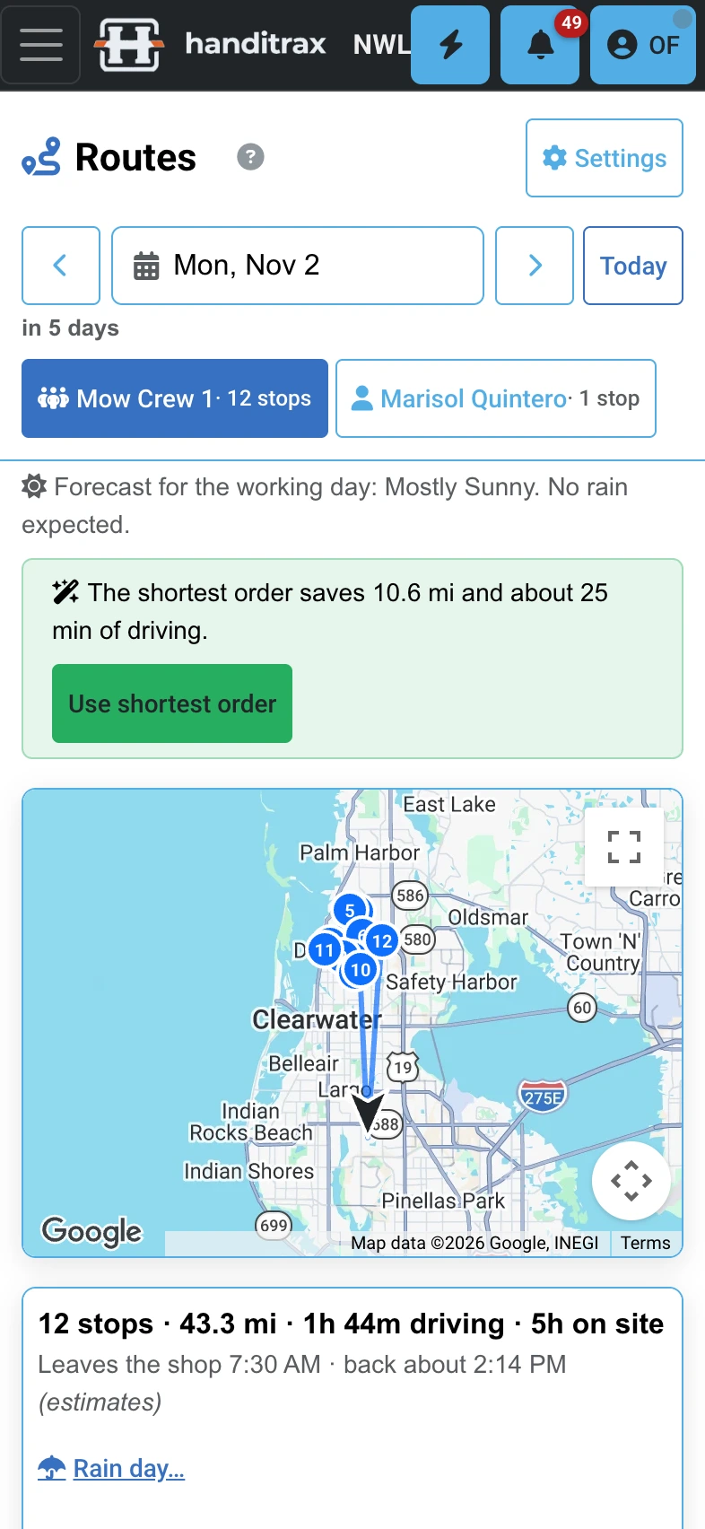 The route day on a phone: stops in order with arrival times