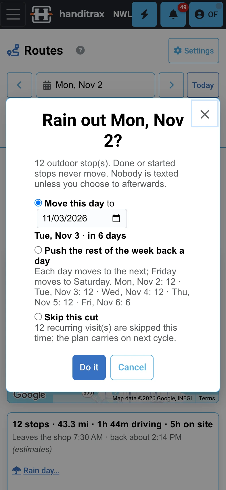 Rain out a day on a phone: move the day, push the week, or skip this cut